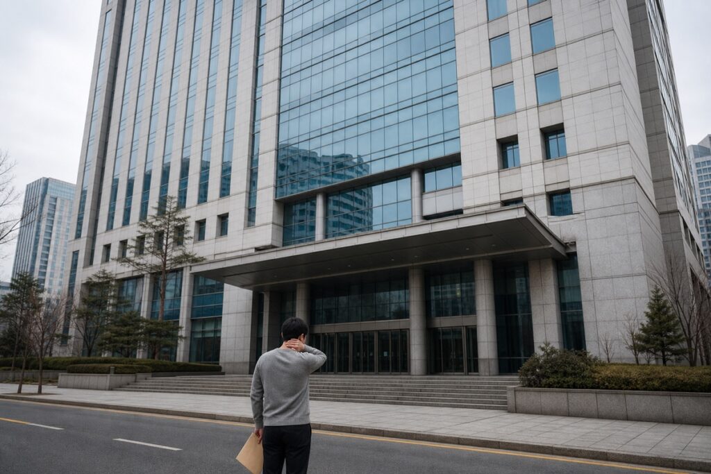 보험회사 건물 앞에서 목을 짚고 진료서류 봉투를 든 한국인 교통사고 환자